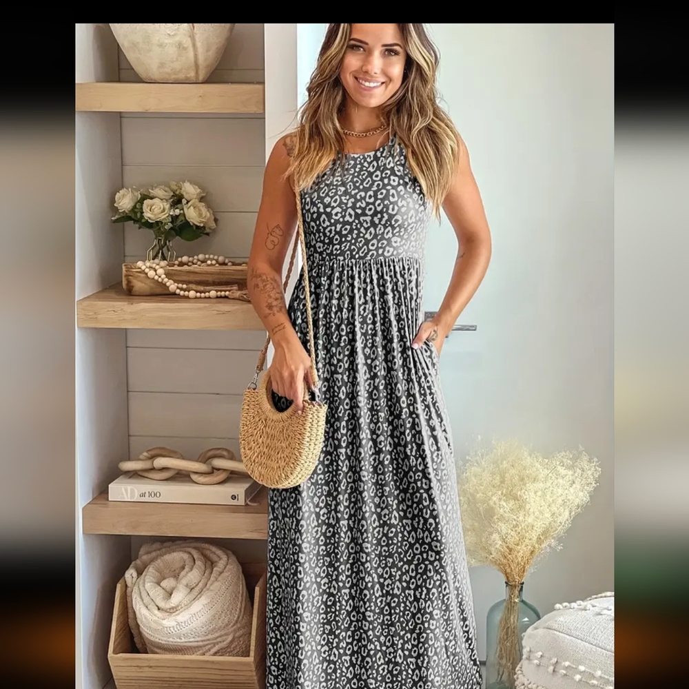 Womens Leopard Maxi Dress/ Grey